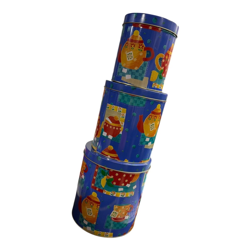 Maison Department 56 Tea Time Stacking Tins Set of 3 Blue Teapot Canisters